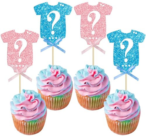 Ephlyn 24Pcs Gender Reveal Cupcake Toppers Glitter Pink Blue Bow Onesie Question Mark Boy or Girl Cake Topper Decorations for Baby Shower Theme Gender Reveal Kids Birthday Party Supplies Blue Pink