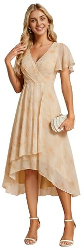 Ever-Pretty Hochzeitsgastkleid V Ausschnitt Gerüschte Ärmelränder Damen Elegante Empire Taille Brautjungfer Kleider Chic Goldene Rose 42