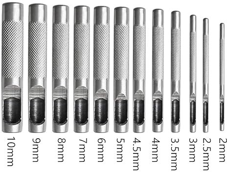 Yosugar 12 Stück Stanzwerkzeug Set, Locheisen Satz für Leder, 2mm-10mm Lochstanze, Runde Hohl Locheisensatz für Uhrenarmband, Dichtung Gürtel (Silber, 12 Stk.2-10mm)