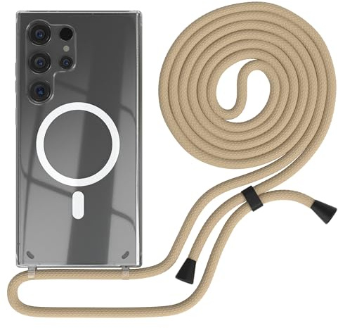 EAZY CASE - Handykette kompatibel mit Samsung Galaxy S24 Ultra Kette zum Umhängen Stoßfest Handyhülle für Galaxy S24 Ultra Silikon Hülle mit Band Handytasche Transparent in Taupe - Clips Schwarz