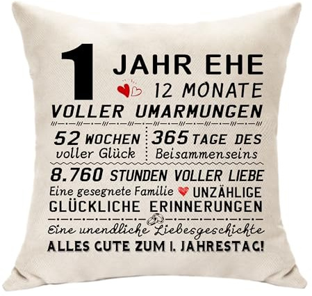 1. Hochzeitstag Geschenk: 45x45 Kissenbezug, Papierhochzeit Jahrestag Geschenkidee für Jungvermählte Paare