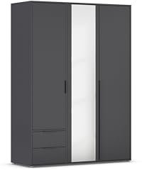 Rauch Möbel Nagata, Drehtürenschrank, Kleiderschrank, Kleiderschränke, Garderobe, 3-türig, 1 Spiegeltüre, 2 Schubladen, Spiegel-Glas teilaufgelegt, Farbe Grau metallic, Schwarz, 140x194x53cm