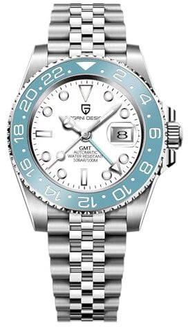 Pagani Design GMT Herren 40 mm Automatikuhr Saphirglas Edelstahl 100 Wasserbeständigkeit Analoguhr Mechanische Herrenuhren Geschenkuhr für Herren(Himmelblau Weiß-5)