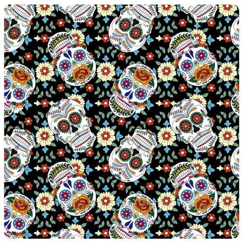 BrightGlow Totenkopf Baumwollstoff Meterware Halloween Bedruckte Stoffe mit Totenkopf-Motiv 100% Baumwolle Fat Quarter Bundle Halloween Bedrucktes Patchwork Halloween-Stoff Schwarz 100X110cm