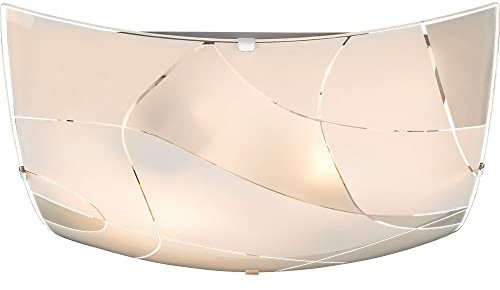 GLOBO Glas Deckenleuchte Deckenlampe E27 Fassung 2 Flammig Deckenlampe Weiss eckig, Chrom satiniert, Dekorlinien, 2x E27, LxBxH 30x30x8,5 cm
