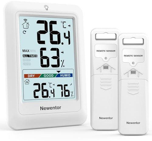 Newentor MAX MIN Thermometer innen außen 24/48 Std./alle Zeiten - Hygrometer Luftfeuchtigkeitsmesser mit Luftkomfort - Wetterstation Funk mit 2 Außensensor - Raumthermometer mit Beleuchtung, Weiß
