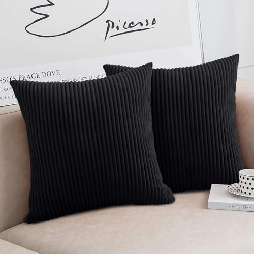 Moonlight Bedding Corduroy Cushions with Covers included Black Pack of 2 (2 covers, 2 inserts) 45 x 45 cm Decorative Stripe Throw Pillow Cases with Invisible Zipper for Living Room Bed Sofa