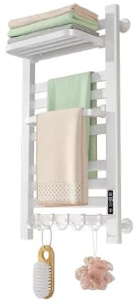 Könighaus Badheizkörper als Handtuchwärmer - 180W - Kleb- & schraubbare Montage - rostfreier Handtuchheizkörper aus Aluminium – Farbe: weiss - inkl. 5 Haken, klappbarer Bügel & Digital Anzeige