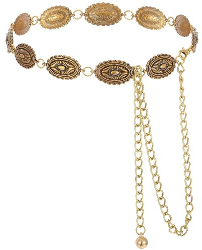 Goldener Gürtel,Taillenkette Verstellbarer,Damen Concho Kettengürtel,Kettengürtel Gold Damen,Western Cowgirl Taillengürtel,Mode Taillenkettengürtel,Dame Metall Hüftgürtel,für Kleider Jeans Pullover