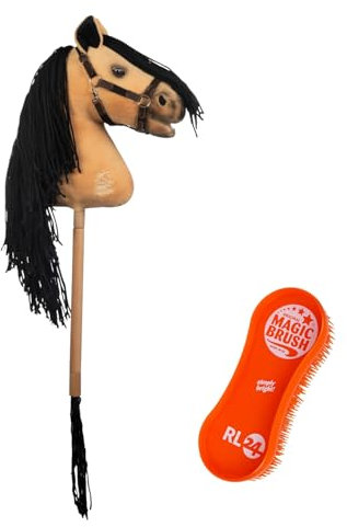 RL24 HKM - Hobby Horse Premium Buckskin – Steckenpferd mit Trense – Spielpferd aus Plüsch mit Holzstock & Langer Mähne – Stockpferd ohne Griffe & Rollen – Hobby Horse Pferde – Hellbraun