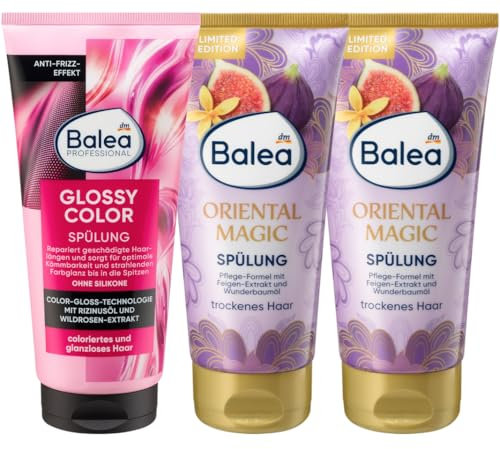 Balea 3er-Set silikonfreie Haarpflege: Professional Conditioner GLOSSY COLOR Farbglanz für coloriertes Haar, 200 ml + Spülung ORIENTAL MAGIC natürlicher Glanz, orientalischer Duft, 2 x 200 ml (600 ml)