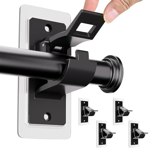 BelleVive Set of 4 Curtain Rod Holders No Drilling, Self-Adhesive Curtain Rod Brackets, No Hole, Multi-Purpose Curtain Rod Hooks Without Nails for Bathroom, Bedroom, Black