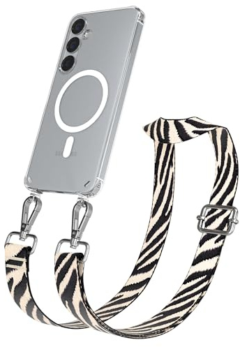 EAZY CASE Handykette - Verstellbares Taschenband kompatibel mit Galaxy S25 Plus, Schulterriemen, Handykordel Silikon Hülle, Qi Charging kompatibel, Umhängetasche, Zebra - Schwarz Beige Metall Silber