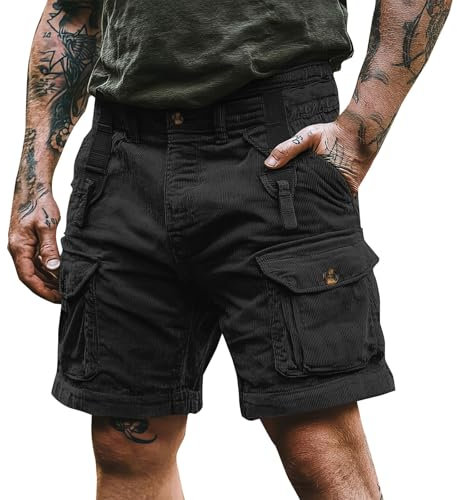 Herren-Cargo-Shorts, mehrere Taschen, lässige Cord-Shorts, leicht, entspannte Passform, halbe Hose, elastische Taille, Outdoor, Kampfarbeitshose, bequeme Wanderhose, Sportkleidung, Schwarz , XXL