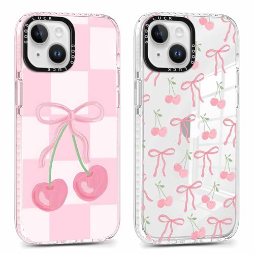 Foonary 2 Pack Cute Bow Cherry Print Phone Case for iPhone 14/iPhone 13 6.1, Fashion Design Soft Slim Clear Case Shockproof TPU Bumper Protective Cover for Women Girls