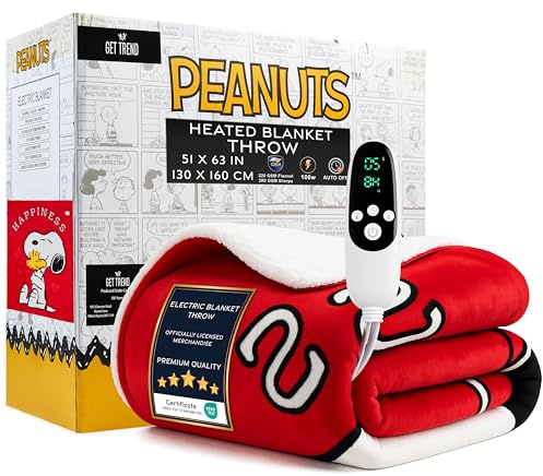 Peanuts Snoopy Heizdecke Einzel, Weiche Sherpa Fleecedecke 130x160cm, 9 Heizstufen, 12-Stunden-Abschaltautomatik, Warme Kuscheldecke Geschenk (Rot Snoopy, Werfen EU)