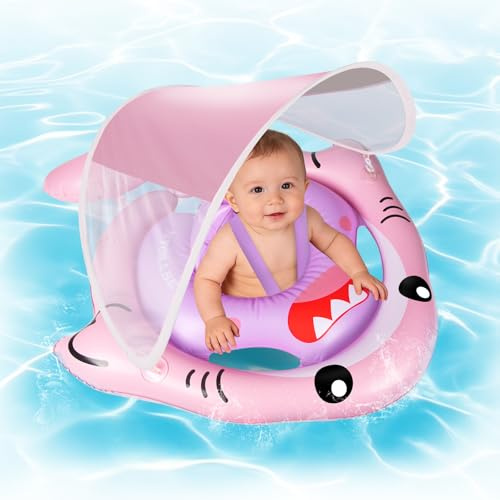 NYOBABE Flotador Bebe para 6-36 Meses, Fl0otador Bebe con Sombrilla UPF 50+ y Doble Cámara de Aire, Asiento de Seguridad Ajustable, Cámara de Aire Trasera Antivuelco, Flotador para Bebés 1-3 Año, Rosa