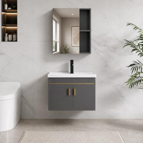 FGNIXLN Set di mobili da bagno con mobiletto, 61 cm, con armadietto a specchio da 55 cm, set di mobili da bagno con lavandino, sospeso, mobili moderni da bagno