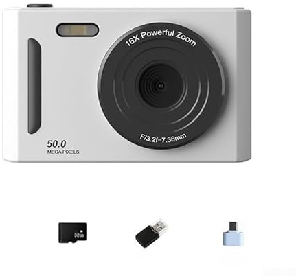 Appareil photo numérique 4K, caméra CCD rétro 64 MP avec zoom 8x, photographie portable d'entrée de gamme avec fonction webcam pour étudiants, adolescents, voyages, IPS 6,1 cm (blanc 32 G)