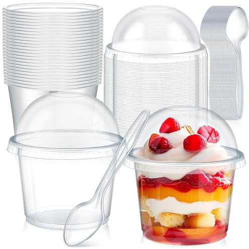 ZkateTrade 50 Stück Dessertgläser Plastik mit Deckel und Wiederverwendbar Löffeln, 210ml Dessertbecher Wiederverwendbar, Plastikbecher Rund für Dessert Pudding Mousse Eiscreme Party