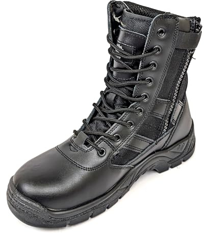 POWCOG Mens Delta Side Zip & Lace Up Army Tactical Combat Boots, Steel Toe, Oil & Slip Resistant For Work, Security, Cadet, Police, Military, Hiking