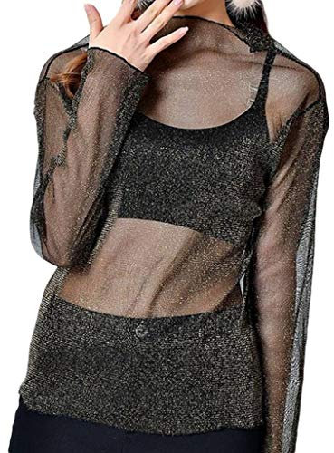 YiyiLai Women Mesh Sheer See Through Long Sleeve Tops Shirt Blouse Silver