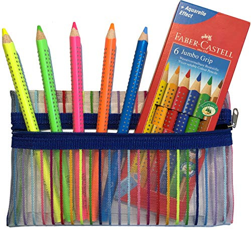 Faber-Castell - Buntstifte Jumbo Grip Neon + Jumbo Grip Standardfarben + passende Reißverschlusstasche