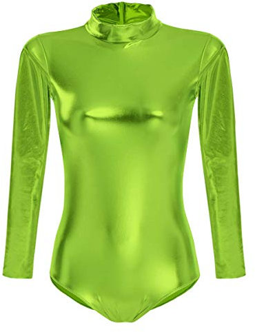 Ballettanzug Damen Frauen Langarm Body Ballett Trikot Turnanzug Gymnastikanzug Tanzen Bodysuit Tanztraining Gymnastik Kostüm Einteiler Metallic One Piece Leotards Oberteile Hell Grün L