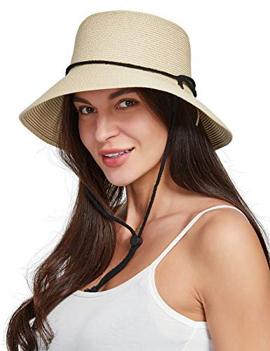 Gisdanchz Womens Straw Sun Hats Wide Brim Beach Hat for Women Ladies UPF 50 UV Sun Protection Packable Summer Bucket Hat with Chin Strap for Vacation Trip Travel Gardening Safari Planting, Beige