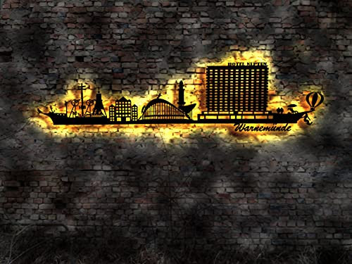 Skyline Warnemünde Rostock Urlaub Insel LED Wandbild aus Holz Stadt AK Karte Map Stadtplan Wandsticker Leuchtbild Neonreklame Neon sign