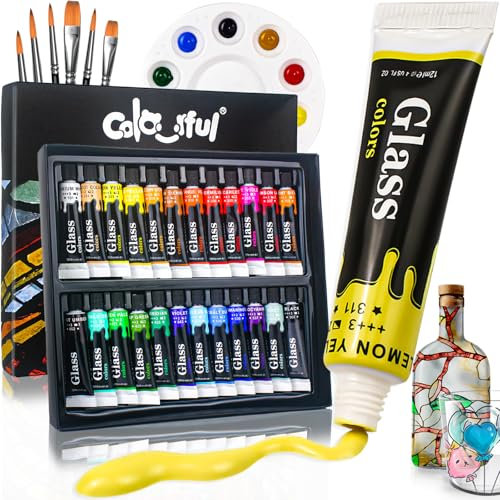 Colorful Acrylic Glass Paint Set with 6 Brushes, 1 Palette, 24 Colors Stain Glass Paints for Wine Glass, Waterproof Acrylic Enamel Paint Kit to Create Translucent Arts on Porcelain, Window & Ceramic