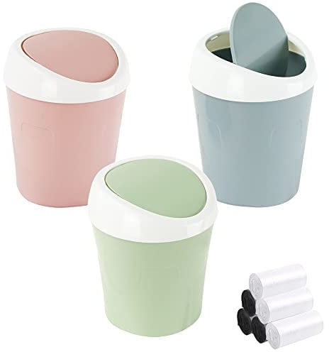 QLFJ-FurDec 3Pcs Plastic Mini Wastebasket Bathroom Bins with Swing Lid and 6 Rolls Bin Liners, Desk Compact Design Cosmetic Bin for Home, Office, Vanity Tabletop, Bedroom, 10.5x10.5x16.5cm