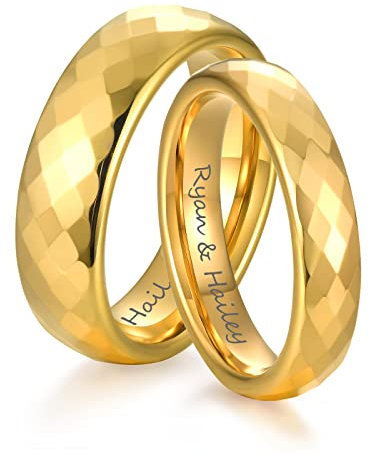 FLHEART Verlobungsringe Paar Ringe, Personalisierter Name, Datum, anfängliche römische Ziffer, Damen Herren Paar Ring Set, Vergoldet Wolfram passender Paar Band Ring für ihn Ihr