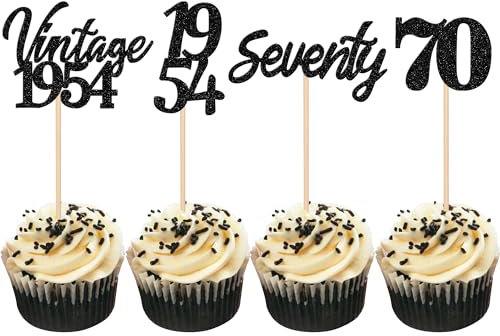 24 Stück Vintage 1954 Cupcake Toppers Glitter 70 Geburtstag Tortendeko siebzig Prost auf 70 fabelhafte Zahl 1954 Kuchendekoration für 70. Geburtstag Party Kuchen Dekorationen Zubehör