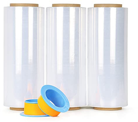 3 Stück transparente Stretchfolie, industrielle Stärke, 30,5 cm x 3000 m – 80 Gauge dick, klar haftende Kunststoffpalettenzubehör, langlebig, selbsthaftend, Verpackung, Schrumpffolie, BOMEI PACK