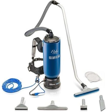 Prolux 10 Quart Blue Commercial Backpack Vacuum, HEPA Filter, Commercial and Residential Use, 50-Foot Power Cord, Crevice Tool, Duster Brush, Adjustable Straps, for All Surfaces, 150 CFM