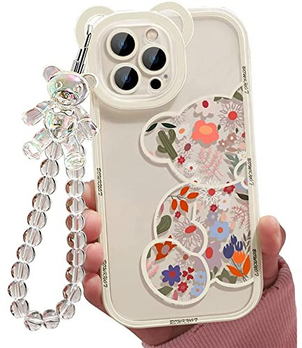Aitipy Compatible with iPhone 14 Case, Cute Flowers Floral Bear Cover with Lovely Wrist Strap Bracelet Chain for Girls Women, Clear Kawaii Camera Protection Pretty Trendy Phone Skin