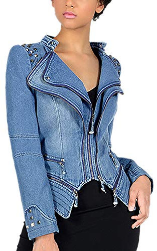 DISSA Damen Blau Nieten Jeansjacker Bikerjacke mit Reißverschluss,PA01,XL