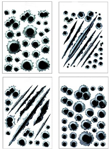 Einschuss-Löcher Sticker Set I 4 Blätter Bullet-Holes als Auto-Aufkleber, Auto Aufkleber 3D Einschusslöcher Vinyl Film Zeichen Film Versteckter Aufkleber für Roller Moped Motorrad-Helm Notebook Laptop