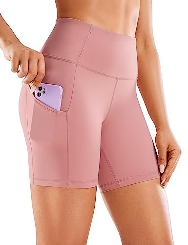 CRZ YOGA Femme Naked Feeling Short - Short de Contrôle du Ventre en Spandex Taille Haute Fitness avec Poches - 15cm Bouffée Rose 40