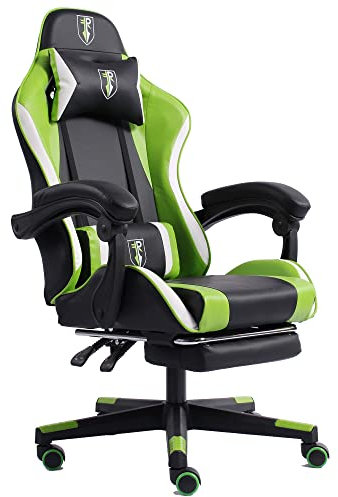 Gaming im Racing-Design mit flexiblen gepolsterten Armlehnen ergonomischer PC Gaming Stuhl in Lederoptik Schreibtischstuhl mit ausziehbarer Fußstütze und extra Stützkissen, Farbe:Schwarz/Grün-Weiß