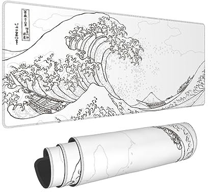 Kanagawa Grand tapis de souris de jeu japonais avec base en caoutchouc antidérapant de 3 mm d'épaisseur et base en caoutchouc imperméable pour bureau, maison, jeux, 80 x 30 cm, blanc