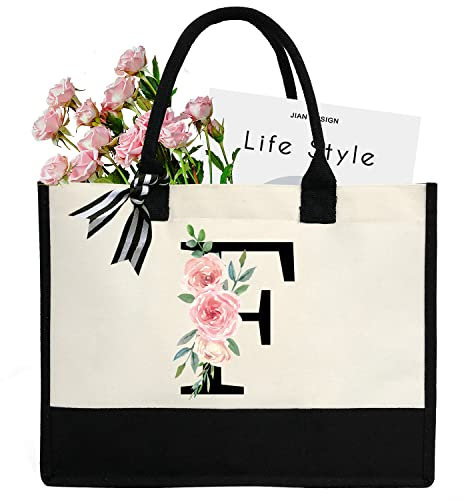 sundee Personalisierte Strandtasche aus Segeltuch mit Innentasche mit Reißverschluss, monogrammierte Geschenktasche für Hochzeit, Geburtstag, Urlaub, Schwarzer Buchstabe F, One Size
