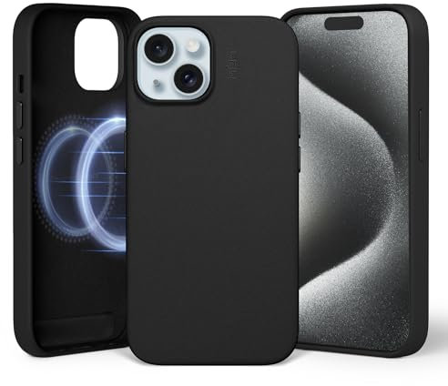 MOFT Magnetische Hülle für iPhone 15 Kompatibel mit MagSafe, MOVAS Vegane Lederhülle, Weiches Berührungsgefühl, Farbbeständigkeit, Kratz- & Schmutzabweisend, Leicht zu Reinigen, Jet Black