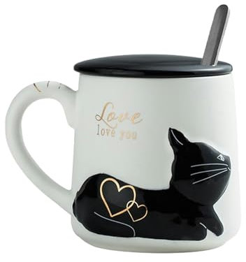 CAPIJIONG 400ml/13oz Cartoon Relief Cat Office Keramik Tasse Mikrowelle Kann Mit Einem Deckel Löffel Keramik Kaffeetasse - Weiße Tasse Schwarze Katze
