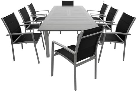 DEGAMO Gartengarnitur BAJAZZO 9-teilig, 8X Stapelsessel aus Aluminium Silbergrau und gepolstertem Textilgewebe in schwarz sowie 1x Ausziehtisch Aluminium grau/Silbergrau, Outdoor