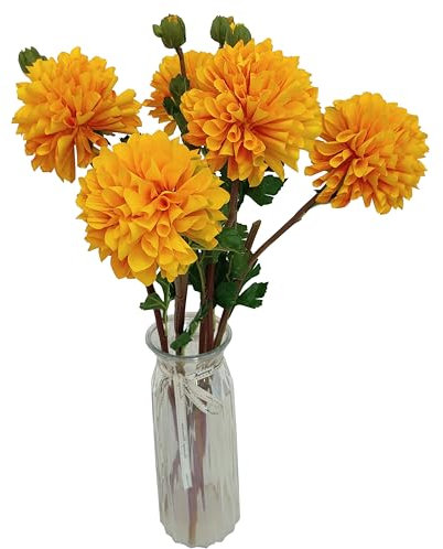 ATFL Künstliche Seidenblumen, Dahlie, 61 cm, künstliche Blumen mit langem Stiel, 5 Stück, gelbe Dahlie, geeignet für Hochzeitsdekoration, Blumensträuße, Kerndekorationen, Heimtextilien (5, gelb)