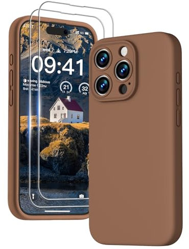 GOODVISH 3 in 1 Case for iPhone 15 Pro Max Case, [2 Screen Protector] Full Body Covered Anti-Scratch 4 Layer Shockproof Structure Soft Microfiber Lining Phone Case 6.7 inch, Brown