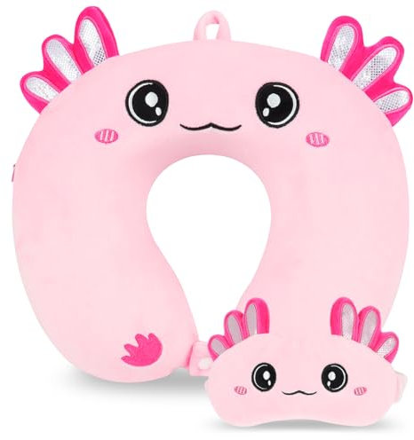 MissSoul Reisekissen, Kinder-Reisekissen mit Schlaf-Augenmaske, weiches Memory-Schaum-Nackenkissen für Kinder, Jungen und Mädchen, Teenager, Reisezubehör für Flugzeug - Axolotl Nackenkissen