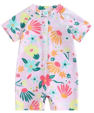 Baby Girls Cute Floral Print One Piece Swimsuit Summer Short Sleeve Zipper Bathing Suits Infant Short Rash Guard (Pink, 6-12 Months)